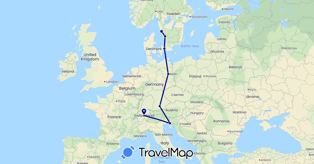 TravelMap itinerary: driving in Switzerland, Germany, Denmark, Italy, Sweden (Europe)